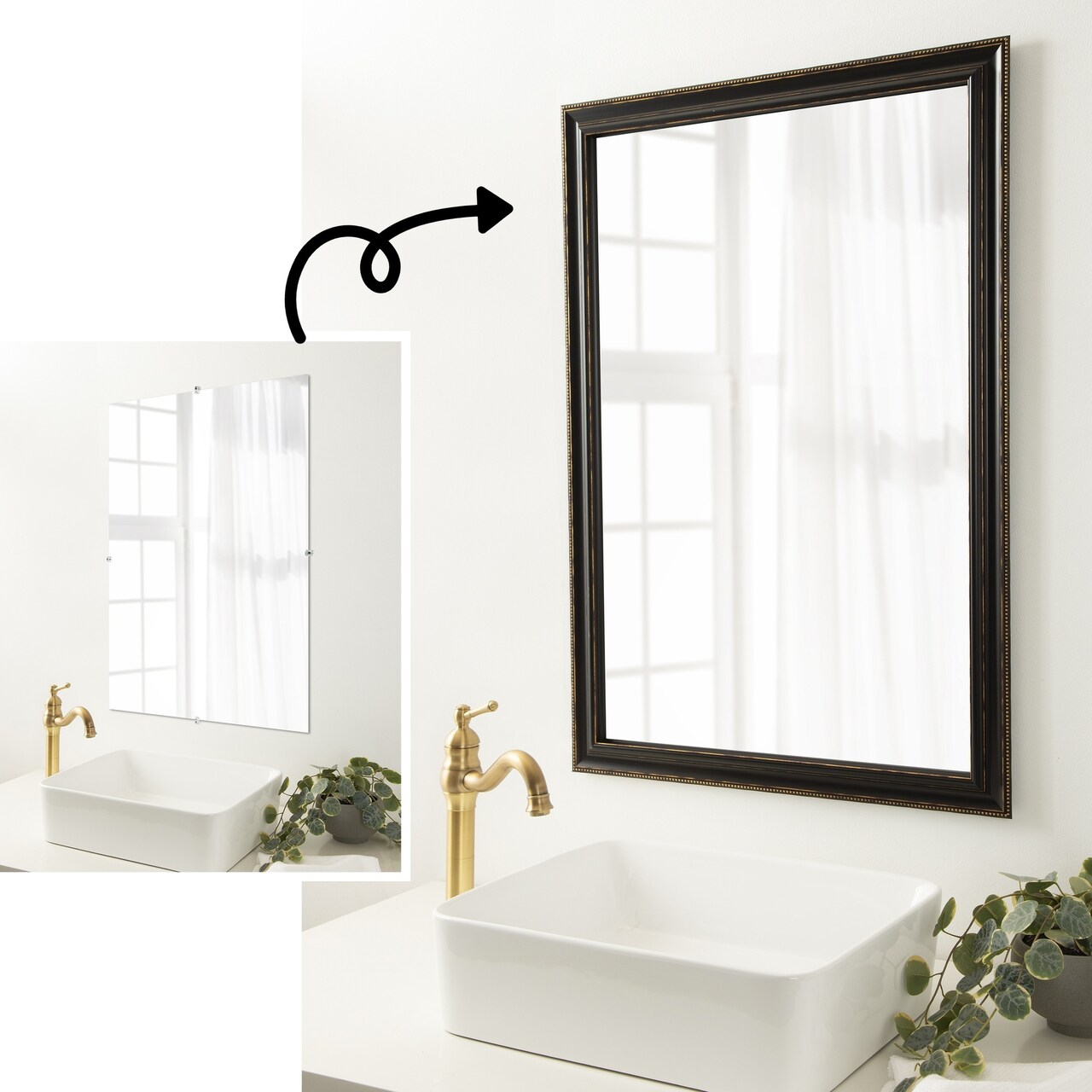 Amanti Art Mirror Makeover Bathroom Mirror Frame Border Kit - Fully Assembled Peel and Stick Frame - Mirror NOT Included - Accent Bronze Narrow Trim